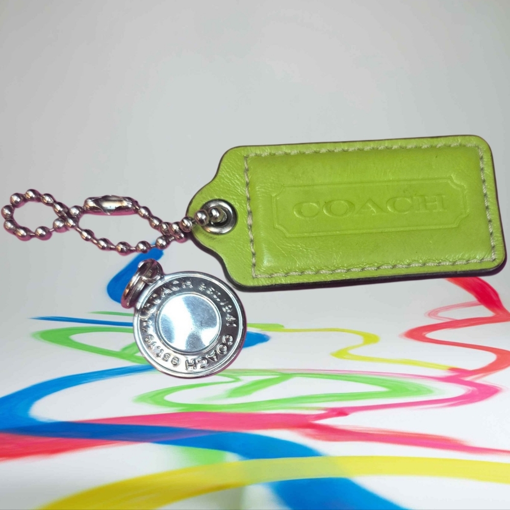 Coach Silver Medallion & Lime Green Hangtags Fobs Set Of 2. 2.5" Tag